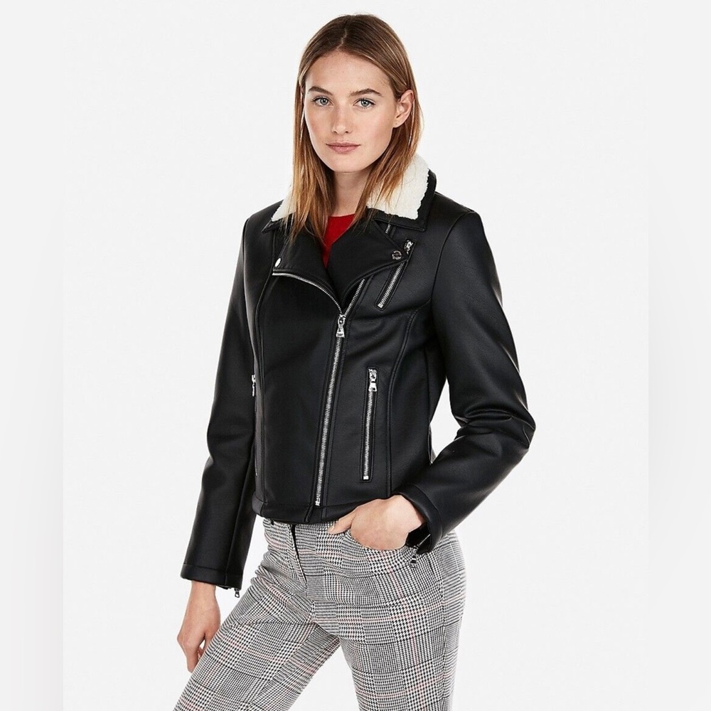 EXPRESS BLACK SHERPA COLLAR MINUS THE LEATHER MOTO JACKET SZ L LARGE